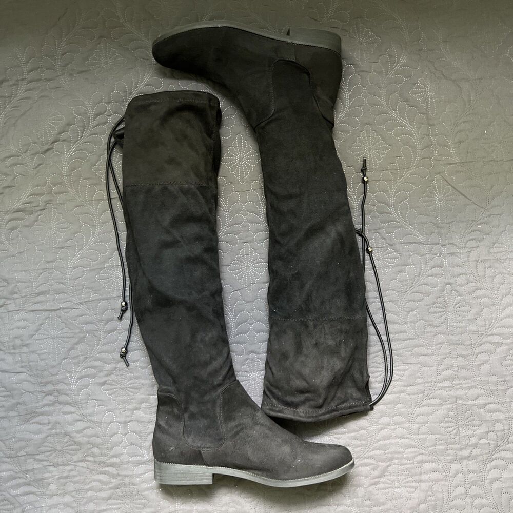 Rampage Over Knee Thigh High Full Suede Tie Off Black Flat Boot SZ10 Gothic Chic